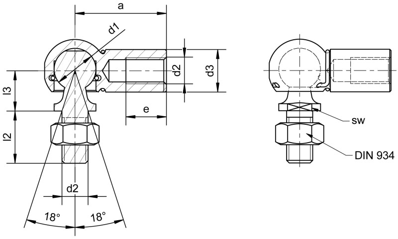 Angle joints DIN 71802 form CS with threaded stud - Dimensional drawing