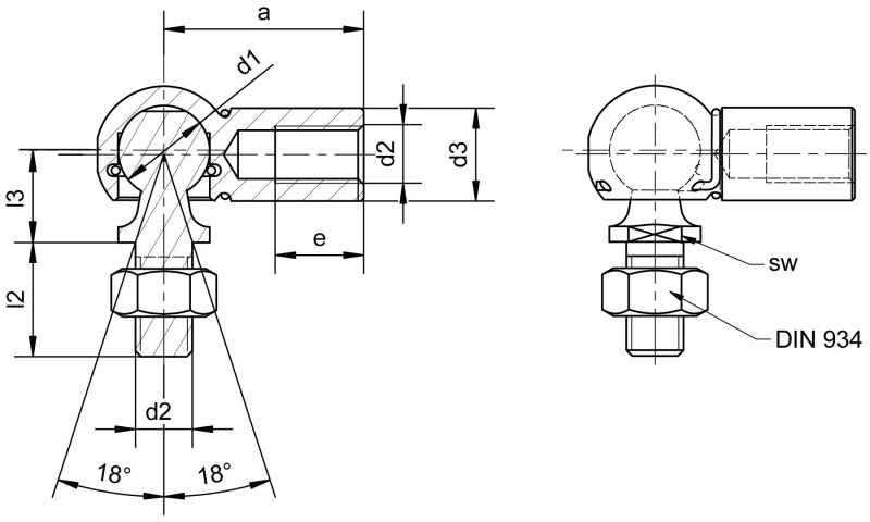 Snodi angolari DIN 71802 Forma CS con perno filettato - Immagine quotata