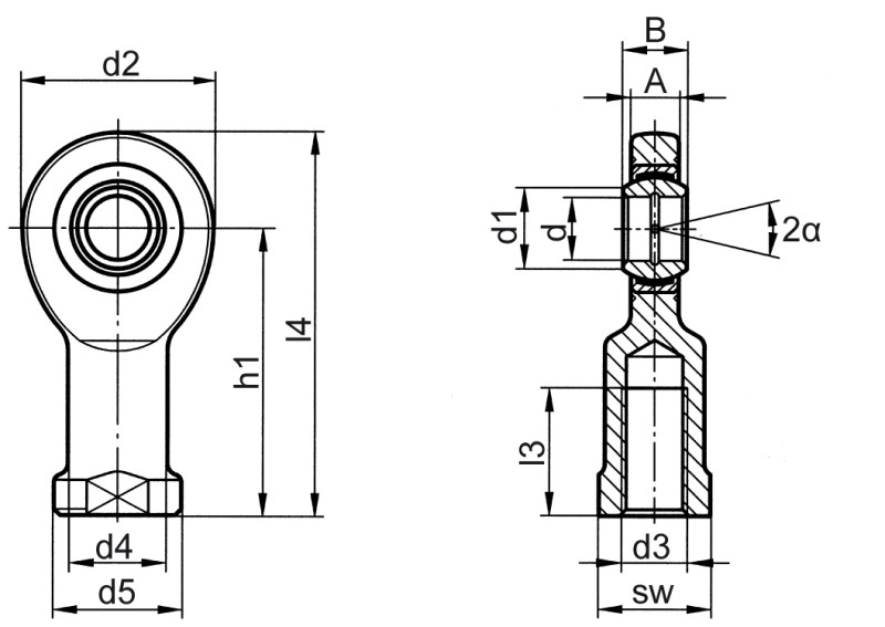 Gelenkköpfe DIN ISO 12240-4 (DIN 648) Maßreihe E wartungsfreie Ausführung mit Abdichtung Innengewinde - Maßbild