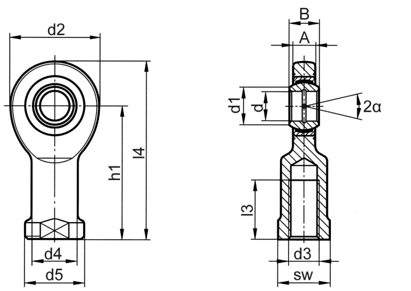 Teste a snodo DIN ISO 12240-4 (DIN 648) serie E versione che non richiede manutenzione acciaio inox filettatura interna - Immagine quotata Teste a snodo DIN ISO 12240-4 (DIN 648) serie E versione che non richiede manutenzione acciaio inox filettatura interna - Immagine quotata
