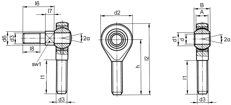 Rod ends DIN ISO 12240-4 (DIN 648) K series maintenance-free version with threaded bolt male thread - Dimensional drawing