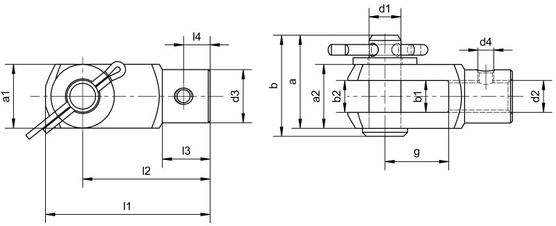 Articulaciones de horquilla (similares a DIN 71751 forma A) con rosca adicional - Plano de dimensiones Articulaciones de horquilla (similares a DIN 71751 forma A) con rosca adicional - Plano de dimensiones