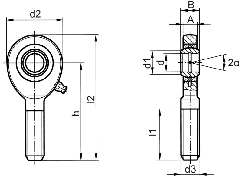 Rod ends DIN ISO 12240-4 (DIN 648) E series steel/steel version male thread - Dimensional drawing