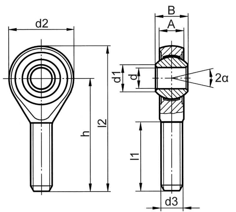 Cabezas articuladas de rótula DIN ISO 12240-4 (DIN 648) serie de medida K versión sin mantenimiento sin casquillo del cojinete rosca exterior - Plano de dimensiones Cabezas articuladas de rótula DIN ISO 12240-4 (DIN 648) serie de medida K versión sin mantenimiento sin casquillo del cojinete rosca exterior - Plano de dimensiones