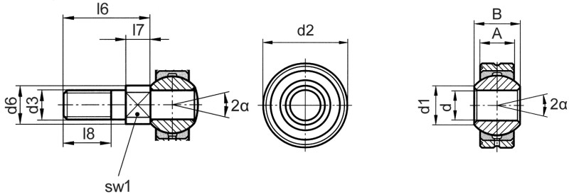 Cojinetes de articulación DIN ISO 12240-1 (DIN 648) serie de medida K versión de alto rendimiento con bulón roscado - Plano de dimensiones