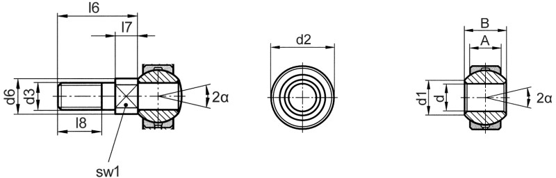Cojinetes de articulación DIN ISO 12240-1 (DIN 648) serie de medida K versión de alto rendimiento sin anillo exterior con bulón roscado - Plano de dimensiones Cojinetes de articulación DIN ISO 12240-1 (DIN 648) serie de medida K versión de alto rendimiento sin anillo exterior con bulón roscado - Plano de dimensiones
