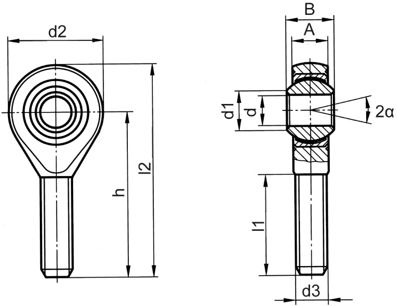 Rod ends DIN ISO 12240-4 (DIN 648) K series maintenance-free version completely stainless steel A4 quality male thread - Dimensional drawing