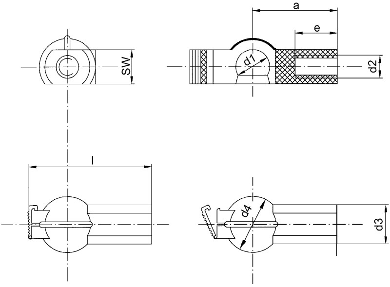 Ball sockets made of plastic similar to DIN 71805 with clamping bracket - Dimensional drawing