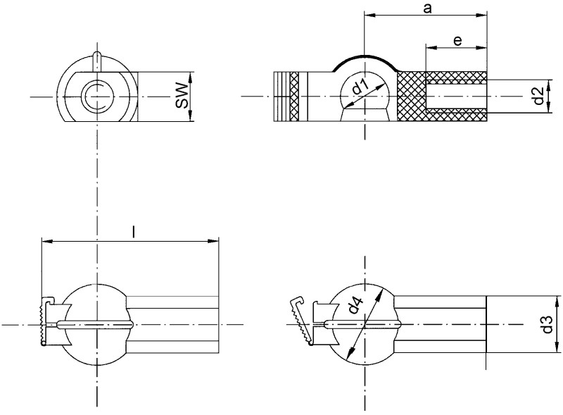 Sedi sferico in plastica simile a DIN 71805 con staffa di fermaglio - Immagine quotata