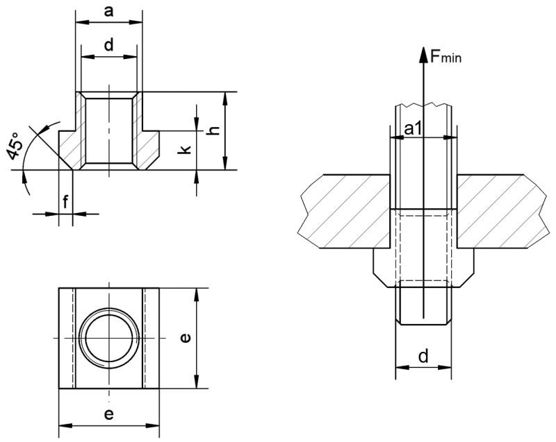 Nuts for T-slots DIN 508 - Dimensional drawing