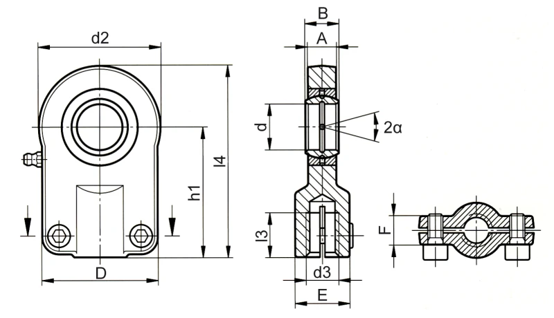 Cabezas articuladas de rótula hidráulicas DIN 24555 / ISO 8133 versión estrecha - Plano de dimensiones