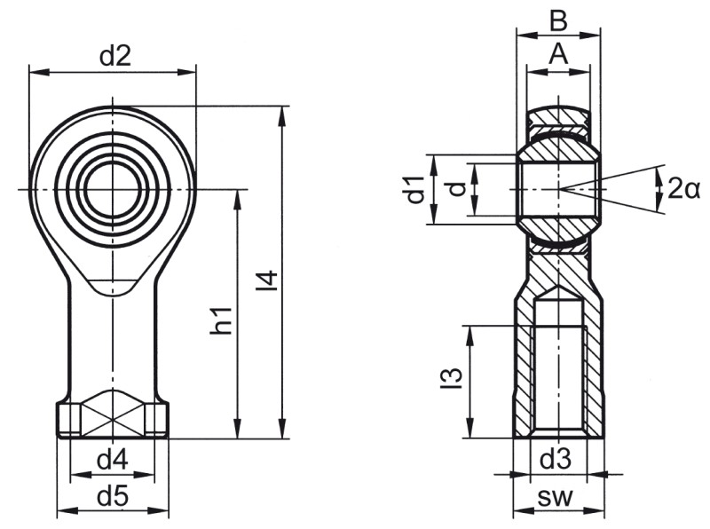 Rod ends DIN ISO 12240-4 (DIN 648) K series maintenance-free version female thread - Dimensional drawing