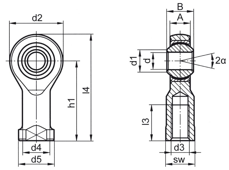 Teste a snodo DIN ISO 12240-4 (DIN 648) serie K versione che non richiede manutenzione filettatura interna - Immagine quotata Teste a snodo DIN ISO 12240-4 (DIN 648) serie K versione che non richiede manutenzione filettatura interna - Immagine quotata