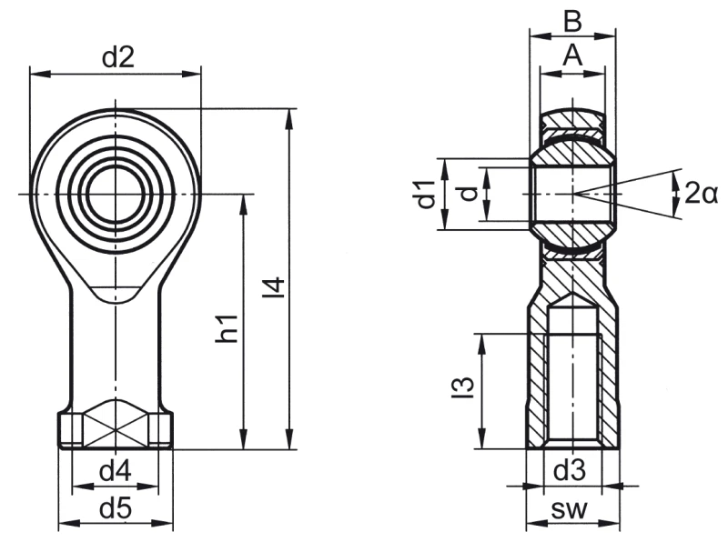 Embouts à rotule DIN ISO 12240-4 (DIN 648) série K version sans maintenance acier inoxydable taraudage  - Plans de dimensions