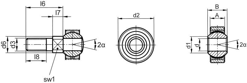 Gelenklager DIN ISO 12240-1 (DIN 648) Maßreihe K wartungsfreie Ausführung Edelstahl mit Gewindebolzen - Maßbild