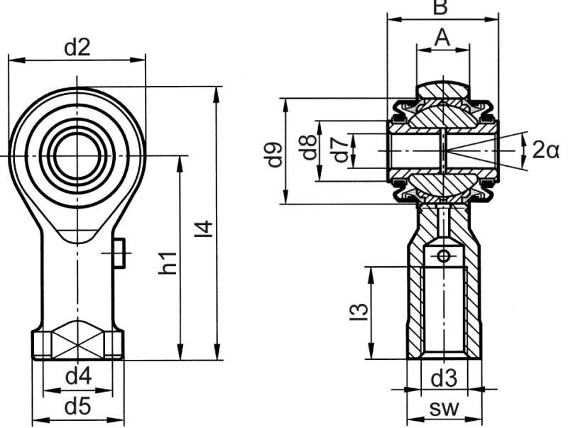 Rod ends DIN ISO 12240-4 (DIN 648) K series high performance version stainless steel with sealing female thread - Dimensional drawing