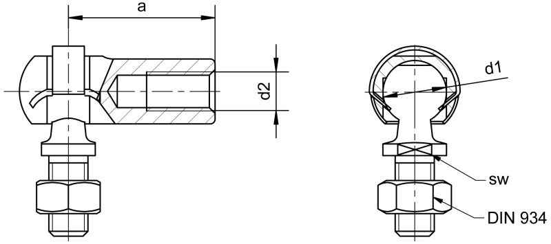 Angle joints with ball socket with slit - Dimensional drawing