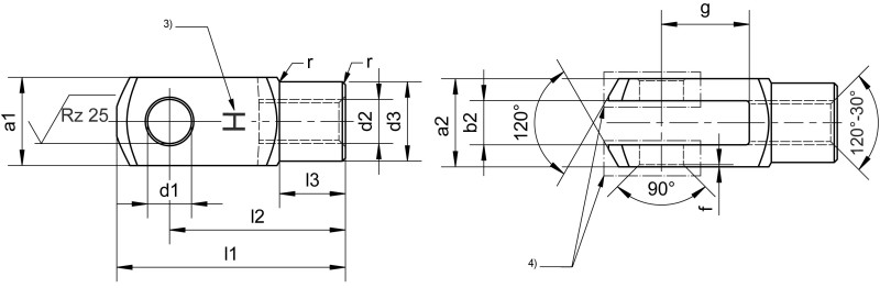 Cabezas de horquilla con taladro transversal templado - Plano de dimensiones