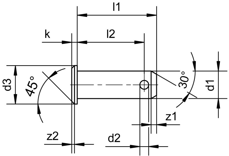 Bolzen mit Splintloch (passend für Gabelköpfe) - Maßbild