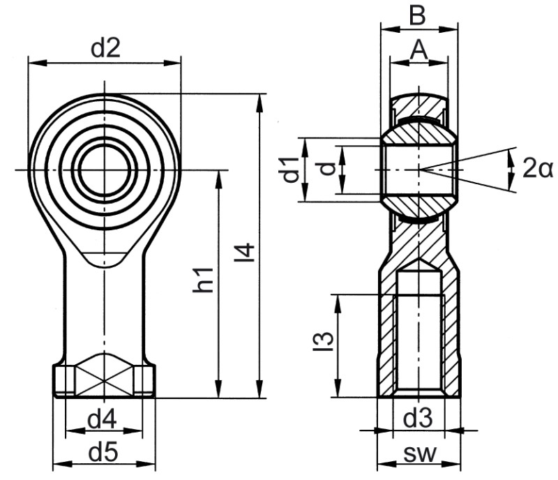 Teste a snodo DIN ISO 12240-4 (DIN 648) serie K versione che non richiede manutenzione senza guscio del cuscinetto filettatura interna - Immagine quotata Teste a snodo DIN ISO 12240-4 (DIN 648) serie K versione che non richiede manutenzione senza guscio del cuscinetto filettatura interna - Immagine quotata