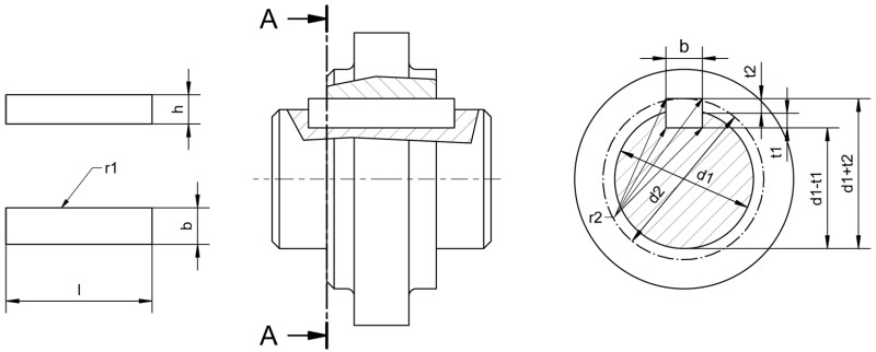 Paßfedern DIN 6885 Form B geradstirnig, hohe Form - Maßbild
