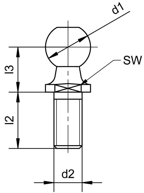 Kugelzapfen DIN 71803 Form C mit Gewindezapfen und Schlüsselfläche - Maßbild