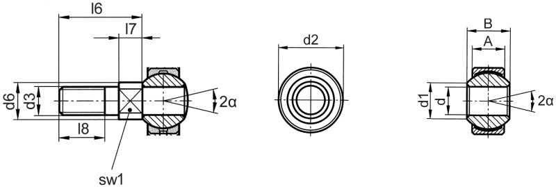 Pivoting bearings DIN ISO 12240-1 (DIN 648) K series maintenance-free version without outer ring  with threaded bolt - Dimensional drawing Pivoting bearings DIN ISO 12240-1 (DIN 648) K series maintenance-free version without outer ring  with threaded bolt - Dimensional drawing