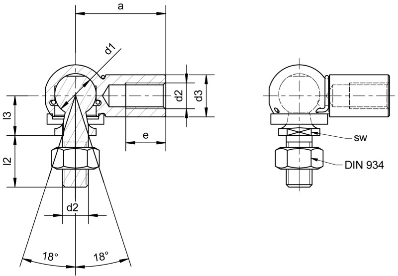 Angle joints similar to DIN 71802 form CS with sealing cap - Dimensional drawing