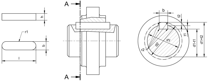 Paßfedern DIN 6885 Form A rundstirnig, hohe Form - Maßbild