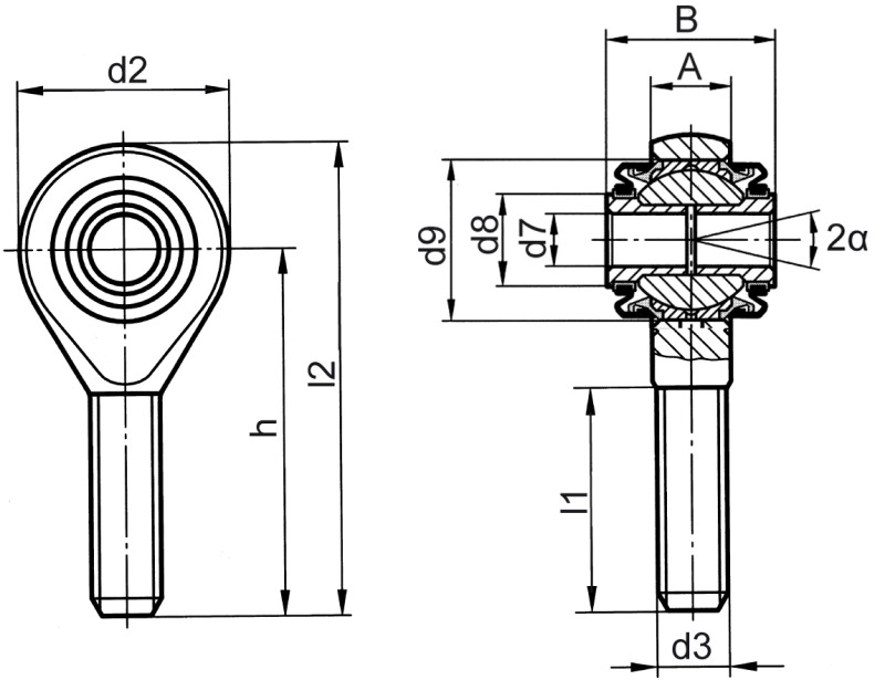Cabezas articuladas de rótula DIN ISO 12240-4 (DIN 648) serie de medida K versión sin mantenimiento para carga elevada con empaquetadura rosca exterior - Plano de dimensiones Cabezas articuladas de rótula DIN ISO 12240-4 (DIN 648) serie de medida K versión sin mantenimiento para carga elevada con empaquetadura rosca exterior - Plano de dimensiones