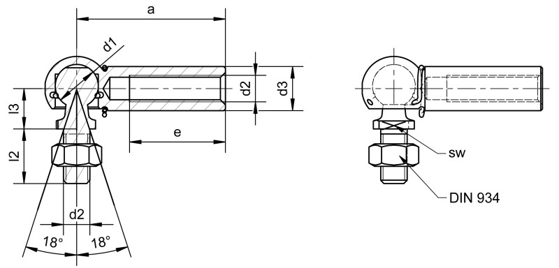 Angle joints similar to DIN 71802 form CS with threaded stud and long ball socket - Dimensional drawing