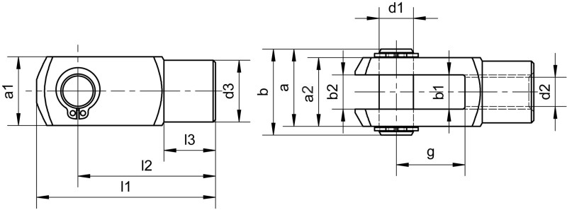 Snodi a forcella (simile a DIN 71751), con perno con scanalature e anelli di arresto DIN 471 - Immagine quotata Snodi a forcella (simile a DIN 71751), con perno con scanalature e anelli di arresto DIN 471 - Immagine quotata