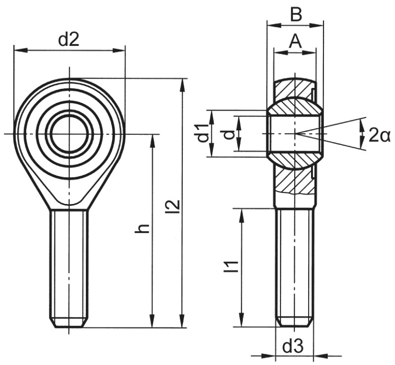 Teste a snodo DIN ISO 12240-4 (DIN 648) serie K versione acciaio/acciaio filettatura esterna - Immagine quotata Teste a snodo DIN ISO 12240-4 (DIN 648) serie K versione acciaio/acciaio filettatura esterna - Immagine quotata