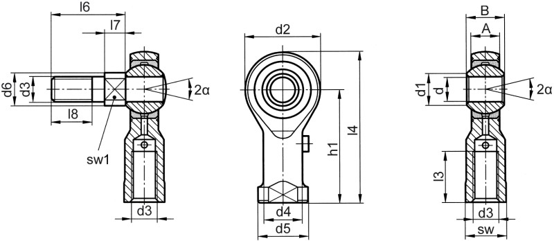Teste a snodo DIN ISO 12240-4 (DIN 648) serie K versione ad alte prestazioni acciaio inox con bullone filettato filettatura interna - Immagine quotata Teste a snodo DIN ISO 12240-4 (DIN 648) serie K versione ad alte prestazioni acciaio inox con bullone filettato filettatura interna - Immagine quotata