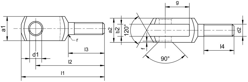 Cabezas de horquilla con rosca exterior - Plano de dimensiones