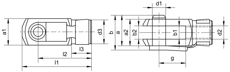 Articulaciones de horquilla (similares a DIN 71751), con perno de resorte - Plano de dimensiones Articulaciones de horquilla (similares a DIN 71751), con perno de resorte - Plano de dimensiones