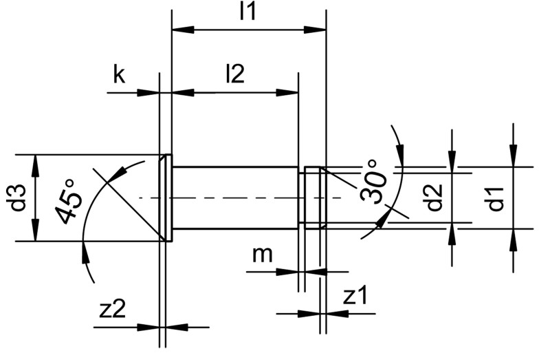 Bolts with groove for retainers (suitable for clevises) - Dimensional drawing