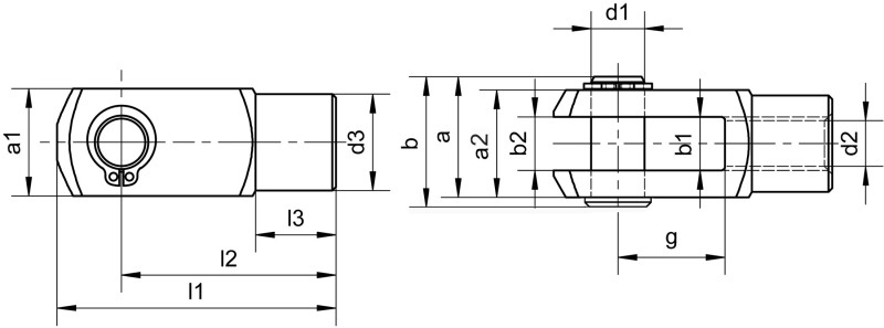 Gabelgelenke (ähnlich DIN 71751), mit Bolzen mit Einstich und Sicherungsring DIN 471 - Maßbild