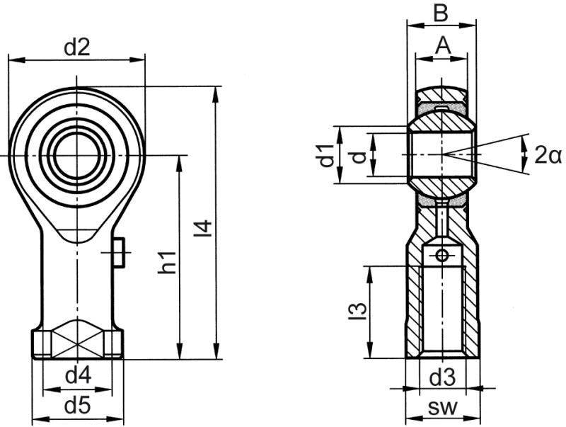 Teste a snodo DIN ISO 12240-4 (DIN 648) serie K versione ad alte prestazioni acciaio inox filettatura interna - Immagine quotata Teste a snodo DIN ISO 12240-4 (DIN 648) serie K versione ad alte prestazioni acciaio inox filettatura interna - Immagine quotata