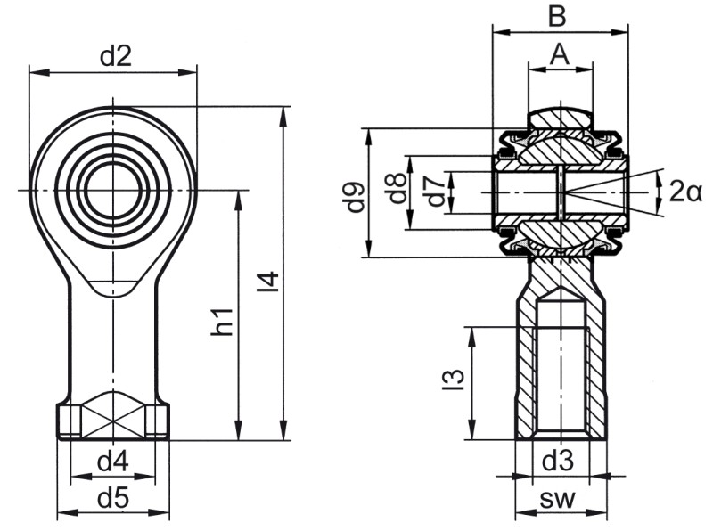 Gelenkköpfe DIN ISO 12240-4 (DIN 648) Maßreihe K wartungsfreie Ausführung für hohe Belastung mit Abdichtung Innengewinde - Maßbild