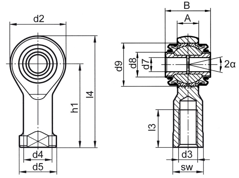 Teste a snodo DIN ISO 12240-4 (DIN 648) serie K versione che non richiede manutenzione per alto carico con guarnizione filettatura interna - Immagine quotata Teste a snodo DIN ISO 12240-4 (DIN 648) serie K versione che non richiede manutenzione per alto carico con guarnizione filettatura interna - Immagine quotata