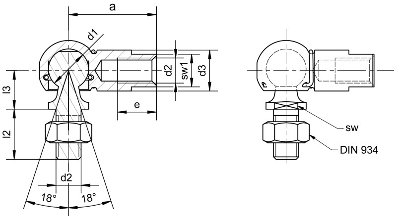 Angle joints similar to DIN 71802 form CS with threaded stud and spanner surface at the socket - Dimensional drawing