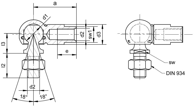 Winkelgelenke ähnlich DIN 71802 Form CS mit Gewindezapfen und Schlüsselfläche an der Pfanne - Maßbild