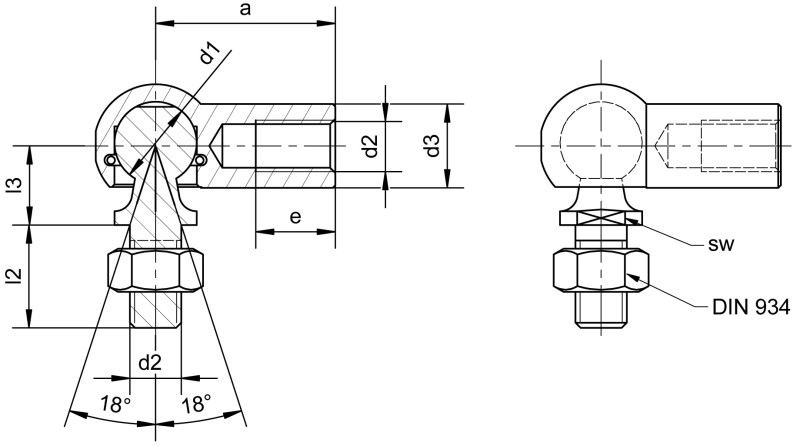 Angle joints DIN 71802 form C with threaded stud - Dimensional drawing