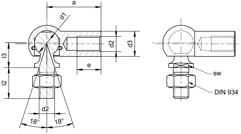 Angle joints DIN 71802 form C with threaded stud - Dimensional drawing