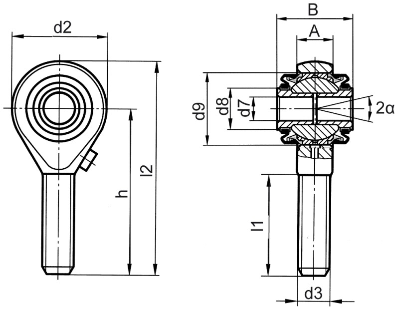 Teste a snodo DIN ISO 12240-4 (DIN 648) serie K versione ad alte prestazioni per alto carico con guarnizione filettatura esterna - Immagine quotata Teste a snodo DIN ISO 12240-4 (DIN 648) serie K versione ad alte prestazioni per alto carico con guarnizione filettatura esterna - Immagine quotata