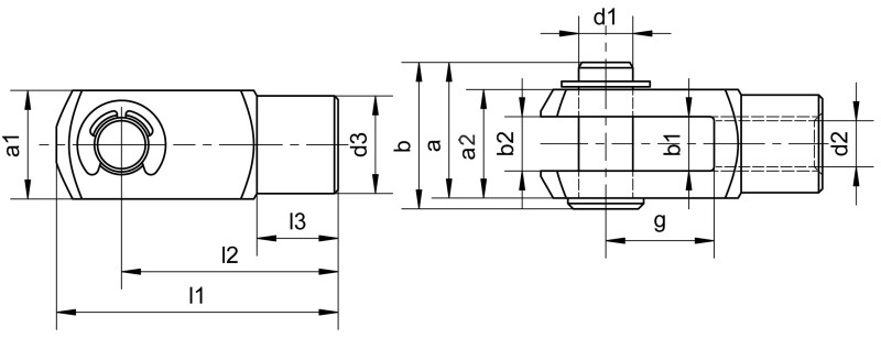 Snodi a forcella (simile a DIN 71751), con perno con scanalatura e rondella di sicurezza DIN 6799 - Immagine quotata Snodi a forcella (simile a DIN 71751), con perno con scanalatura e rondella di sicurezza DIN 6799 - Immagine quotata