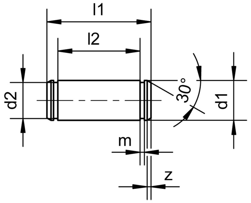 Bolts with groove, without head, for retaining rings DIN 471 (suitable for clevises) - Dimensional drawing