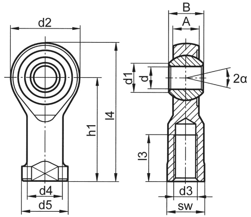 Teste a snodo DIN ISO 12240-4 (DIN 648) serie K versione acciaio/acciaio filettatura interna - Immagine quotata Teste a snodo DIN ISO 12240-4 (DIN 648) serie K versione acciaio/acciaio filettatura interna - Immagine quotata