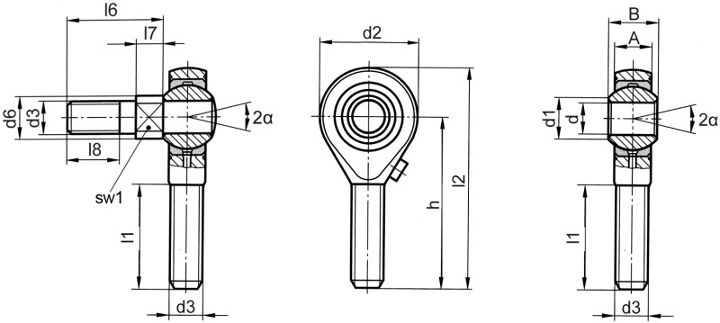 Rod ends DIN ISO 12240-4 (DIN 648) K series high performance version stainless steel with threaded bolt male thread - Dimensional drawing Rod ends DIN ISO 12240-4 (DIN 648) K series high performance version stainless steel with threaded bolt male thread - Dimensional drawing